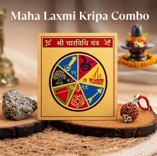 Maha Laxmi Kripa Combo - Shree Charan Vidhi Yantra, Raw Pyrite, Rudraksha Pendant - Tushar Gems