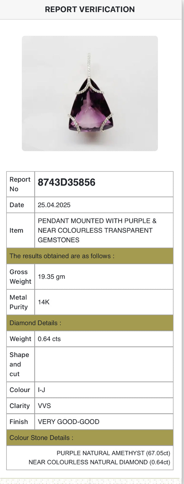 RegalTrio Pendant – 67.05 ct Natural Purple Amethyst with 0.64 ct Diamonds in 14K Gold image 1