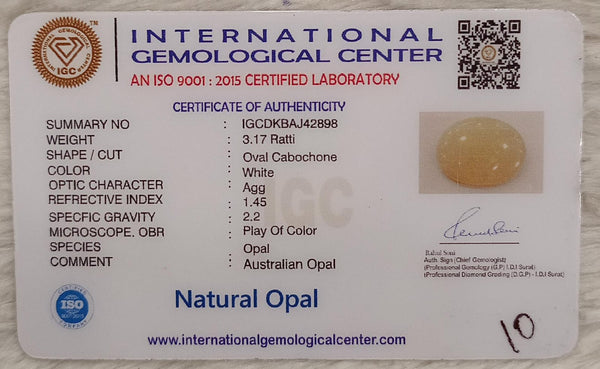 Natural White Opal 3.17 Ratti| Oval Cabochone | Certified No. IGCDKBAJ42898 image 2