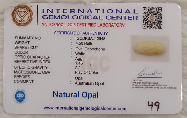 Natural White Opal 4.50 Ratti| Oval Cabochone | Certified No. IGCDKBAJ42948 image 2