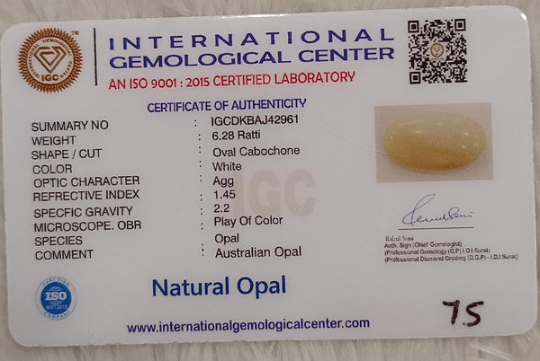 Natural White Opal 6.28Ratti| Oval Cabochone | Certified No. IGCDKBAJ42961 image 2