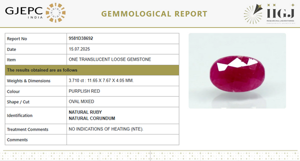 Natural Purplish Red Ruby | Certified Unheated | Oval Mixed Cut Report No. 9581D38692 image 1