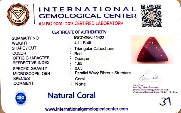 Natural Italian Red Coral | Certified Triangular Cabochon | Untreated Moonga Gemstone IGC (Summary No. IGCDKBAJ42422) image 1