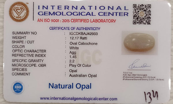Natural White Opal 12.17 Ratti| Oval Cabochone | Certified No. IGCDKBAJ42933 image 2