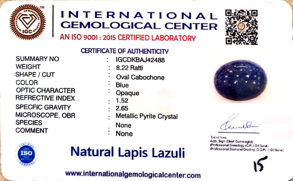 Natural Lapis Lazuli | Oval Cabochon | Govt. Lab Certified Certificate No.: IGCDKBAJ42488 image 2