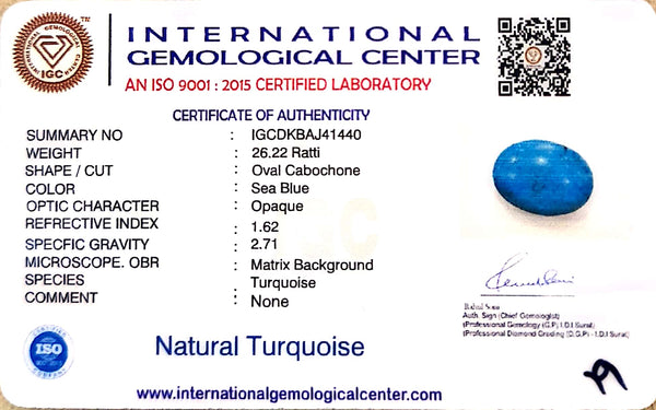 Natural Turquoise | Sea Blue | Oval Cabochon | IGC Certified | Matrix BackgroundCertification: IGC (IGCDKBAJ41440) image 0