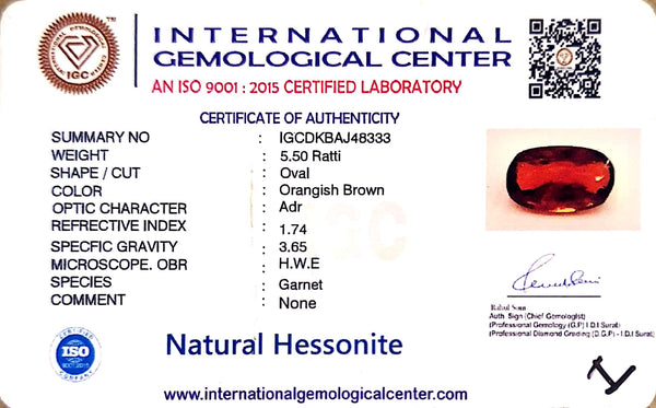 Natural Hessonite (Gomed) | Oval Cut | IGC Certified Certification: IGC Certified image 2