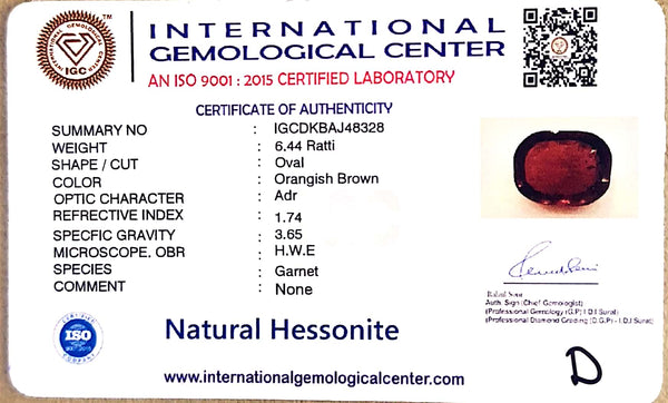 Natural Hessonite (Gomed) | Oval Cut | IGC Certified Certificate No.: IGCDKBAJ48328 image 2