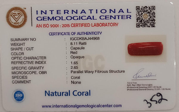 NaturalRed Coral | Certified| Capsule CutGemstone Summary No. IGCDKBAJ44968 image 2