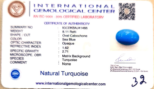 Natural Turquoise | Certified Oval Cabochon in Sea Blue Certificate No.: IGCDKBAJ41466 image 2