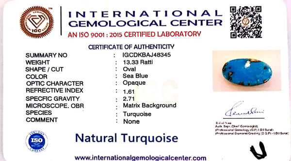 Natural Turquoise | Oval | Sea Blue | Matrix Background | Certified No.: IGCDKBAJ48345 image 2