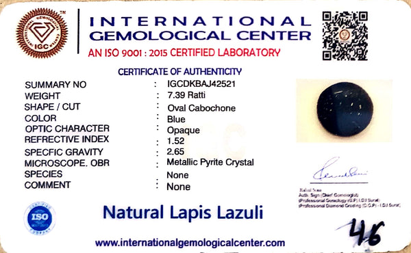 Natural Lapis Lazuli | Govt. Lab Certified| Oval Cabochon | Deep Blue with Pyrite Certificate No.: IGCDKBAJ42521 image 2