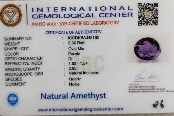 International Gemological Center certificate IGCDKBAJ42160 for Natural Amethyst 5.56 Ratti