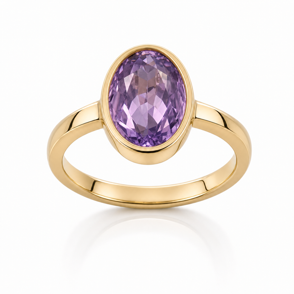 Natural Amethyst (Jamunia) ring with oval faceted stone in gold finish bezel setting – Tushar Gems