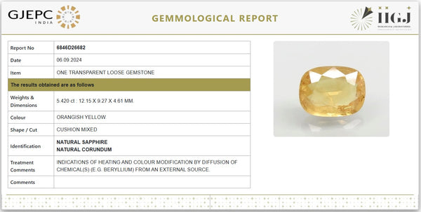 Certified Natural Yellow Sapphire (Pukhraj) – 5.42 Carat / 6.02 Ratti | Heated & Diffused | Cushion Mixed Cut | GJEPC IGJ Certified | 6846D26682 image 1