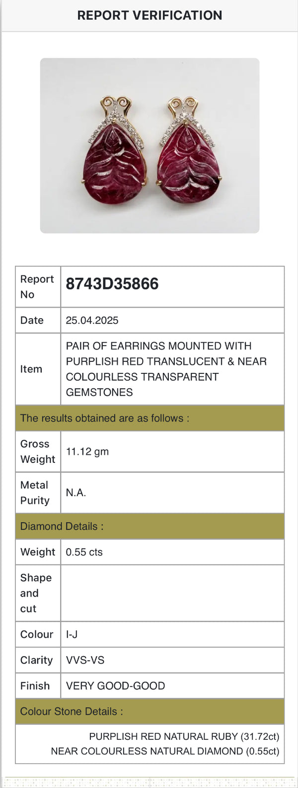 Imperial Ruby Leaf Earrings – 31.72 ct Hand-Carved Natural Rubies with 0.55 ct Diamonds image 2