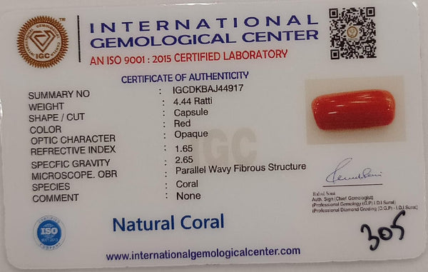 NaturalRed Coral | Certified| Capsule CutGemstone Summary No. IGCDKBAJ44917 image 2