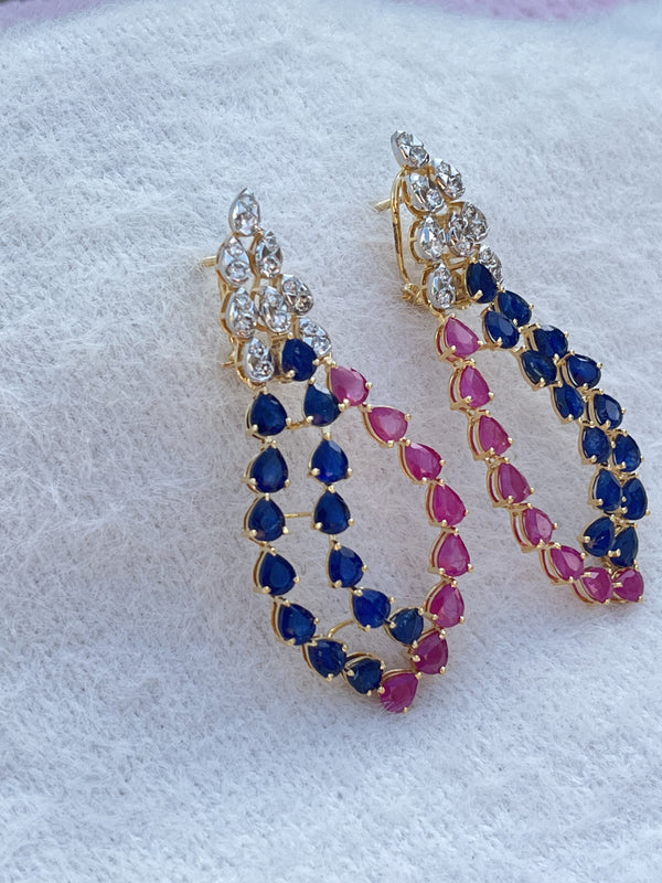 Luxurious Natural Ruby & Blue Sapphire Earrings with Diamonds in 14K Gold image 1