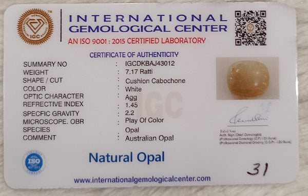 Natural White Opal 7.17 Ratti| Cushion Cabochone | Certified No. IGCDKBAJ43012 image 2