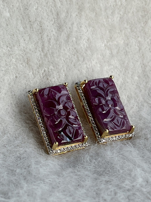 Royal Blossom Earrings – 30.30 ct Hand-Carved Purplish Red Natural Ruby with 0.82 ct Natural Diamonds image 1