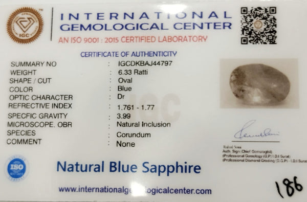 Natural Blue Sapphire | IGC Certified | Oval Cut | Premium Astrological Gemstone Certification No.: IGCDKBAJ44797 image 2