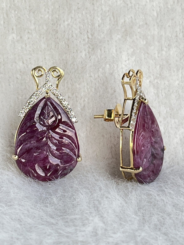 Imperial Ruby Leaf Earrings – 31.72 ct Hand-Carved Natural Rubies with 0.55 ct Diamonds image 1
