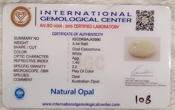 Natural White Opal 5.44Ratti| Oval Cabochone| Certified No. IGCDKBAJ42990 image 2