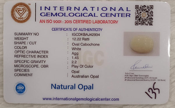 Natural White Opal 12.22 Ratti| Oval Cabochone | Certified No. IGCDKBAJ42934 image 2