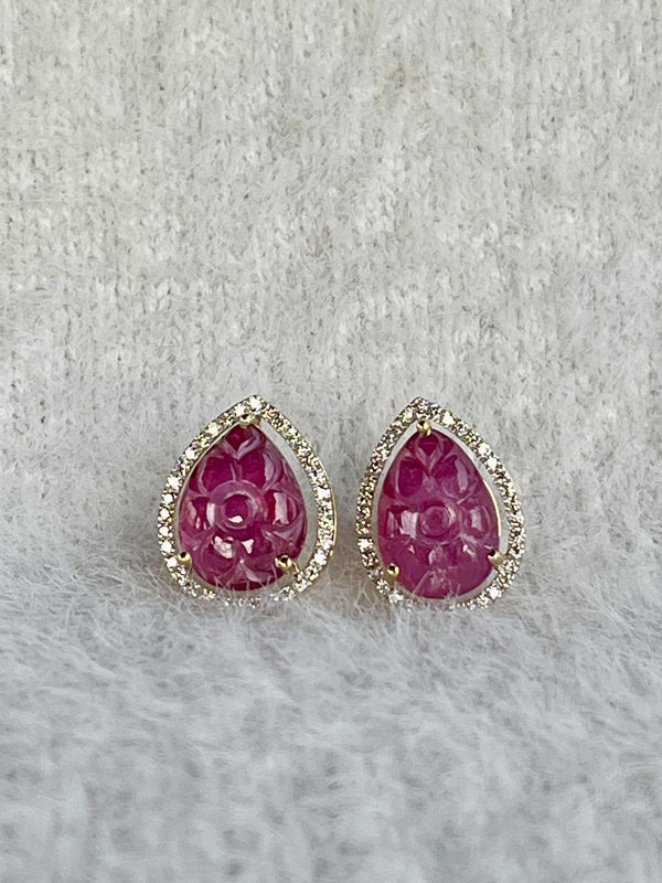 BloomRuby Earrings – 10.07 ct Carved Purplish Red Ruby & 0.45 ct Diamond Halo in 14K Gold image 0