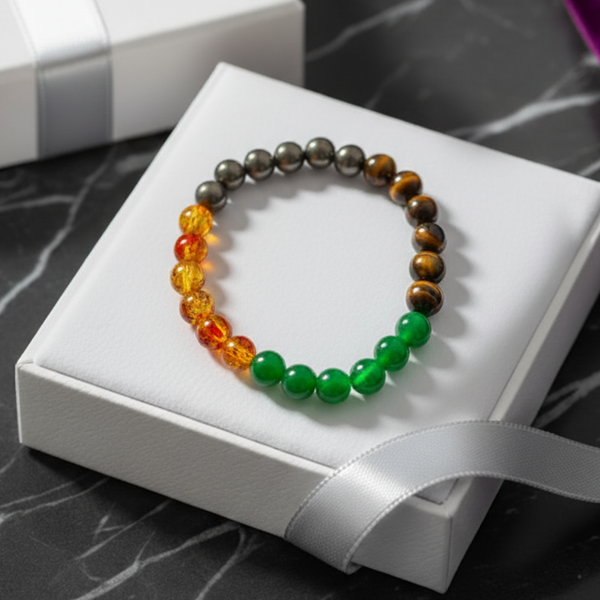 Money magnet bracelet with pyrite, tiger eye, carnelian and green jade beads – Tushar Gems