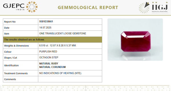 Natural Purplish Red Ruby | Certified Unheated | Octagon Mixed Cut | 7.23 RT | Report No. 9581D38661 image 1
