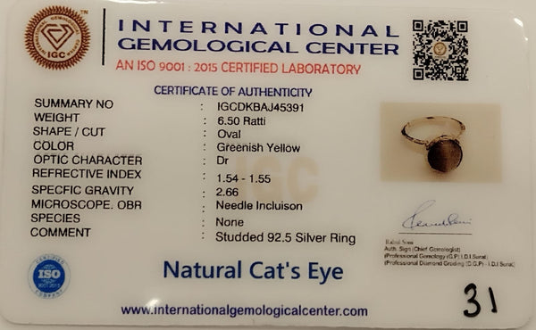 Natural Cat’s Eye Ring | Greenish Yellow Lehsunia | Certified Gemstone in Sterling Silver image 2