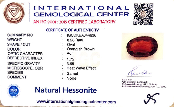 Natural Hessonite Garnet | Certified Oval Cut | Orangish Brown Certificate No.: IGCDKBAJ44636 image 2