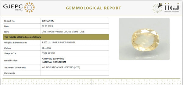 Certified Natural Yellow Sapphire (Pukhraj) – 4.80 Carat / 5.28 Ratti | Untreated | Oval Mixed Cut | GJEPC IGJ Certified image 1