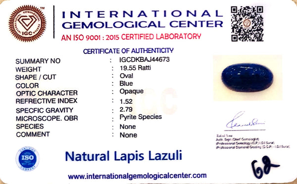 Natural Lapis Lazuli | Certified Oval Cut | Deep Blue with Pyrite Inclusions Certificate No.: IGCDKBAJ44673 image 2