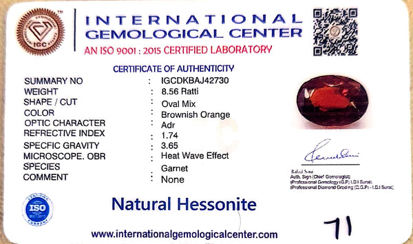 Natural Hessonite (Gomed) | Oval Mix Cut | IGC Certified Certificate No.: IGCDKBAJ42730 image 2