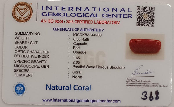 NaturalRed Coral | Certified| Capsule CutGemstone Summary No. IGCDKBAJ44980 image 2