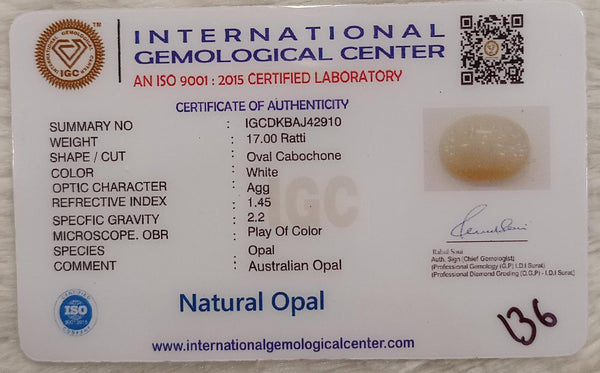 Natural White Opal 17.00Ratti| Oval Cabochone| Certified No. IGCDKBAJ42910 image 2