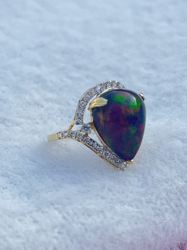 Elegant Natural Black Opal in Pear Shape with Diamonds in 14K Gold Ring image 1