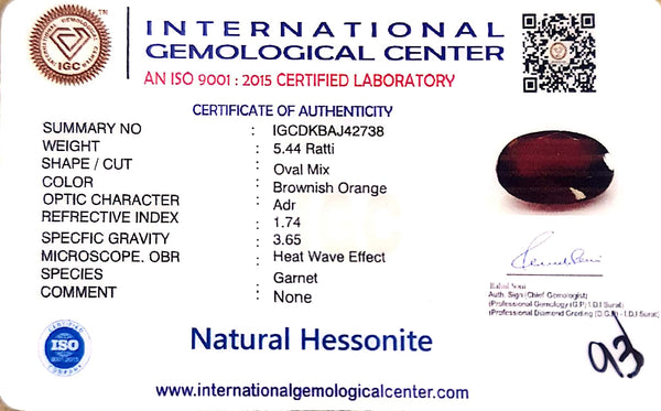 Natural Hessonite Garnet | Brownish Orange | Oval Mix Cut Certificate No.: IGCDKBAJ42738 image 2