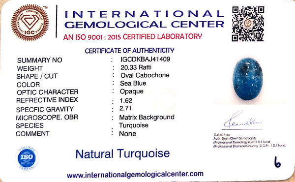 Natural Turquoise | IGC Certified | Oval Cabochon | Sea Blue | Healing Matrix StoneCertification Number: IGCDKBAJ41409 image 2