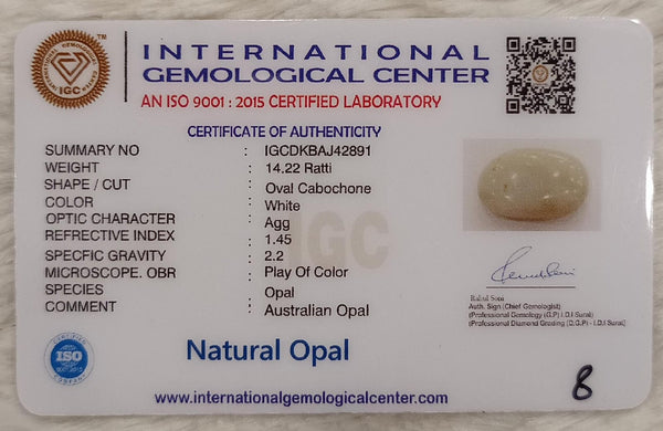 Natural White Opal 14.22Ratti| Oval Cabochone | Certified No. IGCDKBAJ42891 image 2