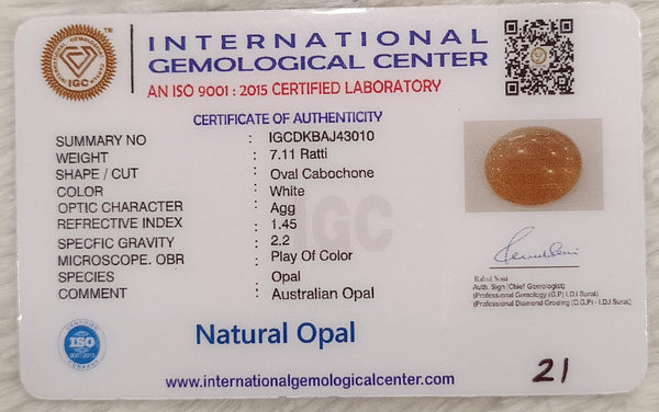 Natural White Opal 7.11 Ratti| Oval Cabochone | Certified No. IGCDKBAJ43010 image 2