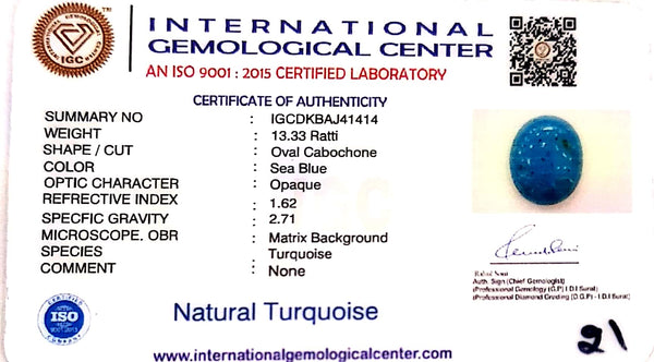 Natural Turquoise | Oval Cabochon | Sea Blue | Matrix Background | Certified No.: IGCDKBAJ41414 image 2