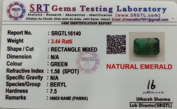 Natural Emerald |25H00| Rectangle | Lab Certified No. SRGTL16140