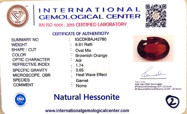 Natural Hessonite (Gomed) | Oval Mix Cut | IGC Certified Certificate No.: IGCDKBAJ42780 image 2