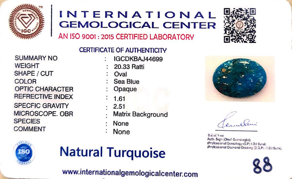 Natural Turquoise | IGC Certified | Oval | Sea Blue with MatrixCertification Number: IGCDKBAJ44699 image 2