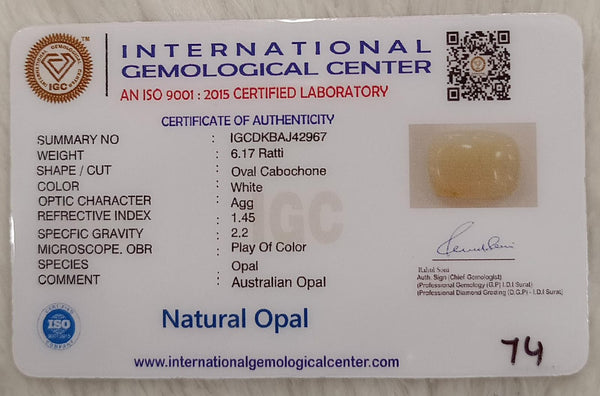 Natural White Opal 6.17Ratti| Oval Cabochone | Certified No. IGCDKBAJ42967 image 2