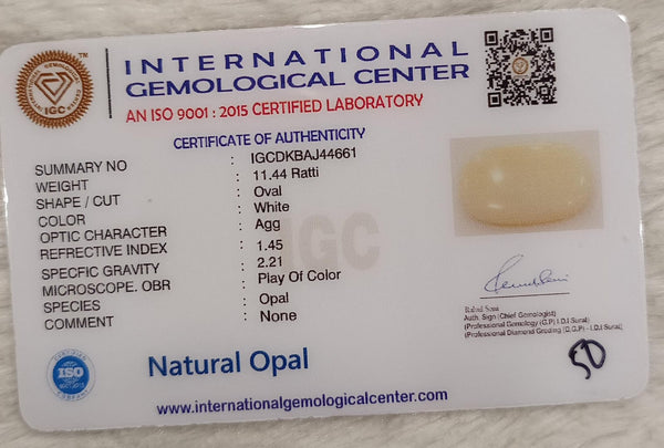 Natural White Opal 11.44 Ratti| Oval | Certified No. IGCDKBAJ44661 image 2