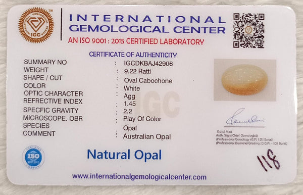 Natural White Opal 9.22 Ratti| Oval Cabochone| Certified No. IGCDKBAJ42906 image 2